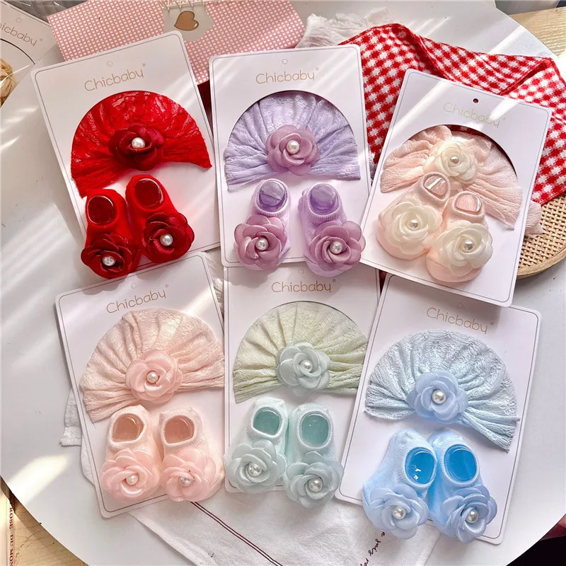 

Baby Flower Hat Socks Set Soft Nylon Newborn Girl Elastic Floral Turban Short Sock