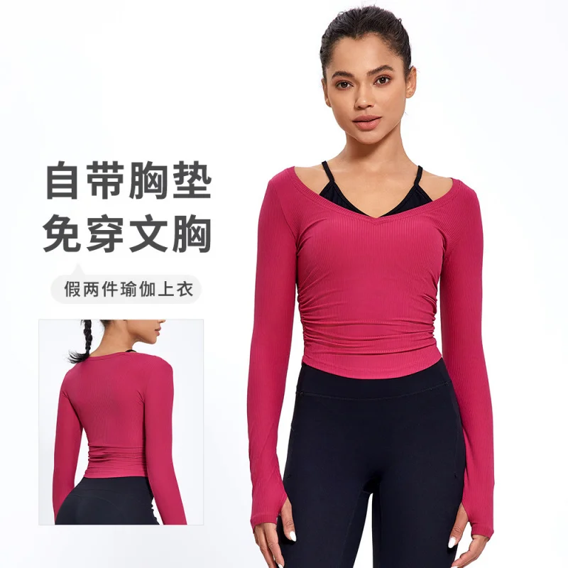 

Yoga Women'S Chest Pad Running Training-Shirt Long Sleeve Tight Pleated Fitness Close-Fitting Body Shaping
