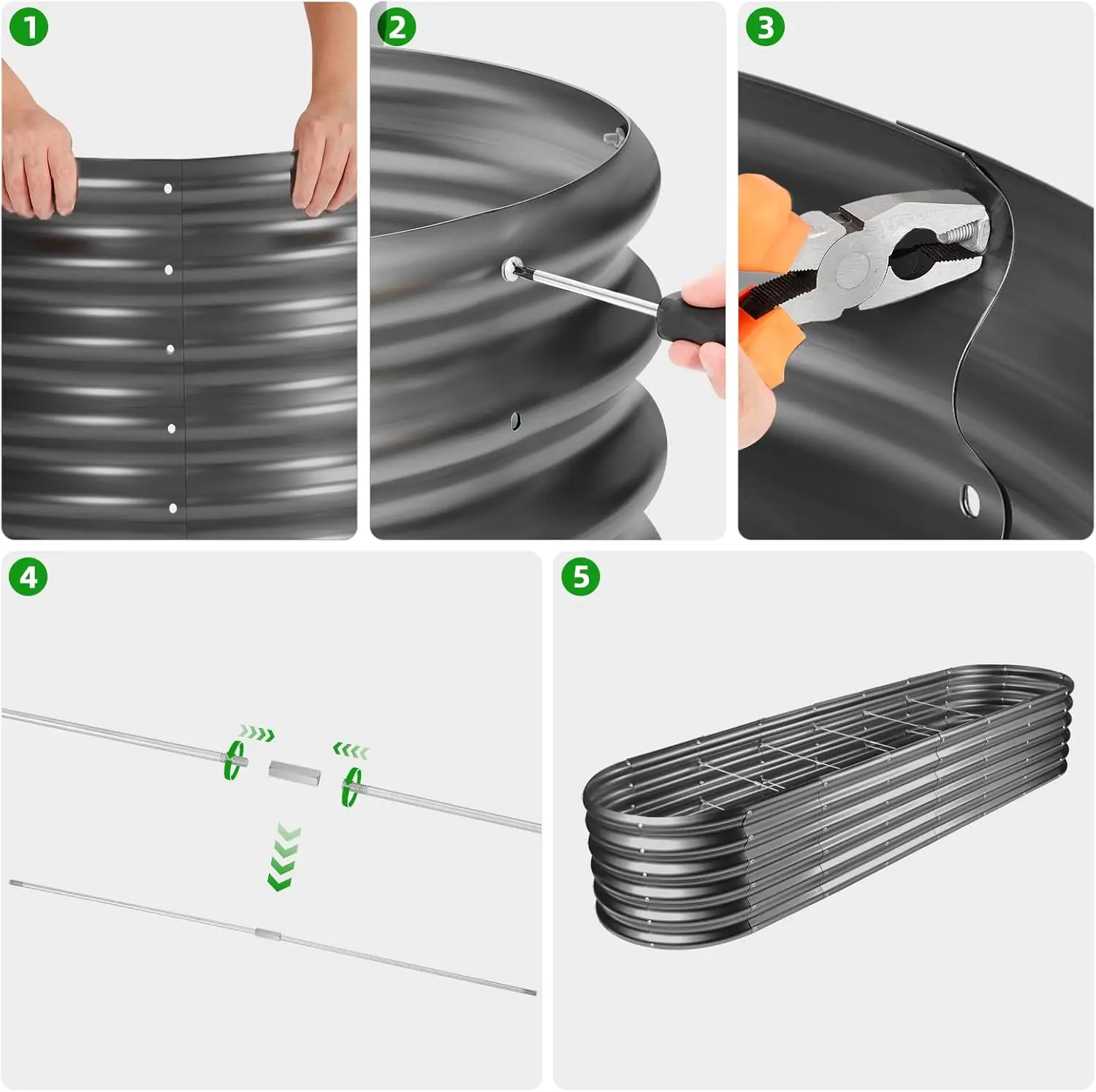 طقم سرير حديقة مرتفع مجلفن 8 × 2 × 1.5 قدم صناديق حديقة مرفوعة في الهواء الطلق سرير حديقة معدني بيضاوي مرتفع للخضروات رمادي حديث #4