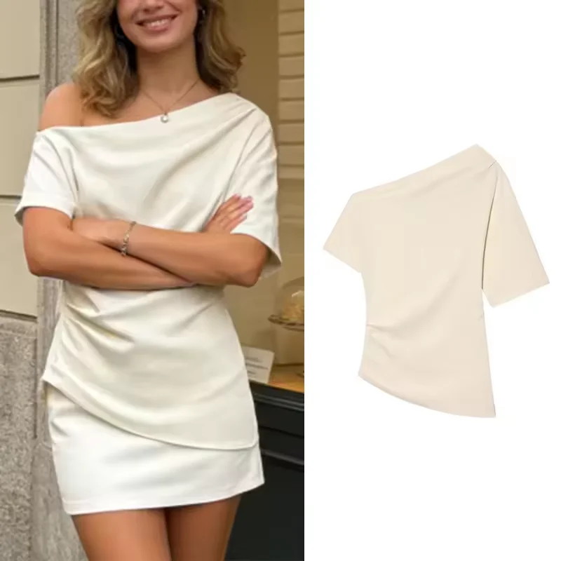 

Spring Summer Women Asymmetric Draped Blouse Casual Side Draped Detail Short Sleeve Side Zipper Women's Shirt Female Blouses