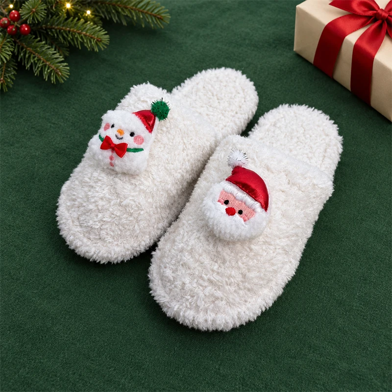 ZUOFU Weihnachts-Plüsch-Hausschuhe für Damen, Herren und Paare, Rentier, Weihnachtsmann, Schneemann, Baum, Glocke, Handschuh, warm, flauschig, rutschfest, für drinnen und zu Hause – Detail 6