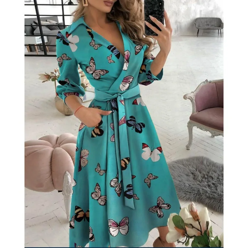 

New Spring and Summer Fashion V-Neck Short Sleeve Printed Bodycon Women's Dress with Waist Belt and Elegant Fit
