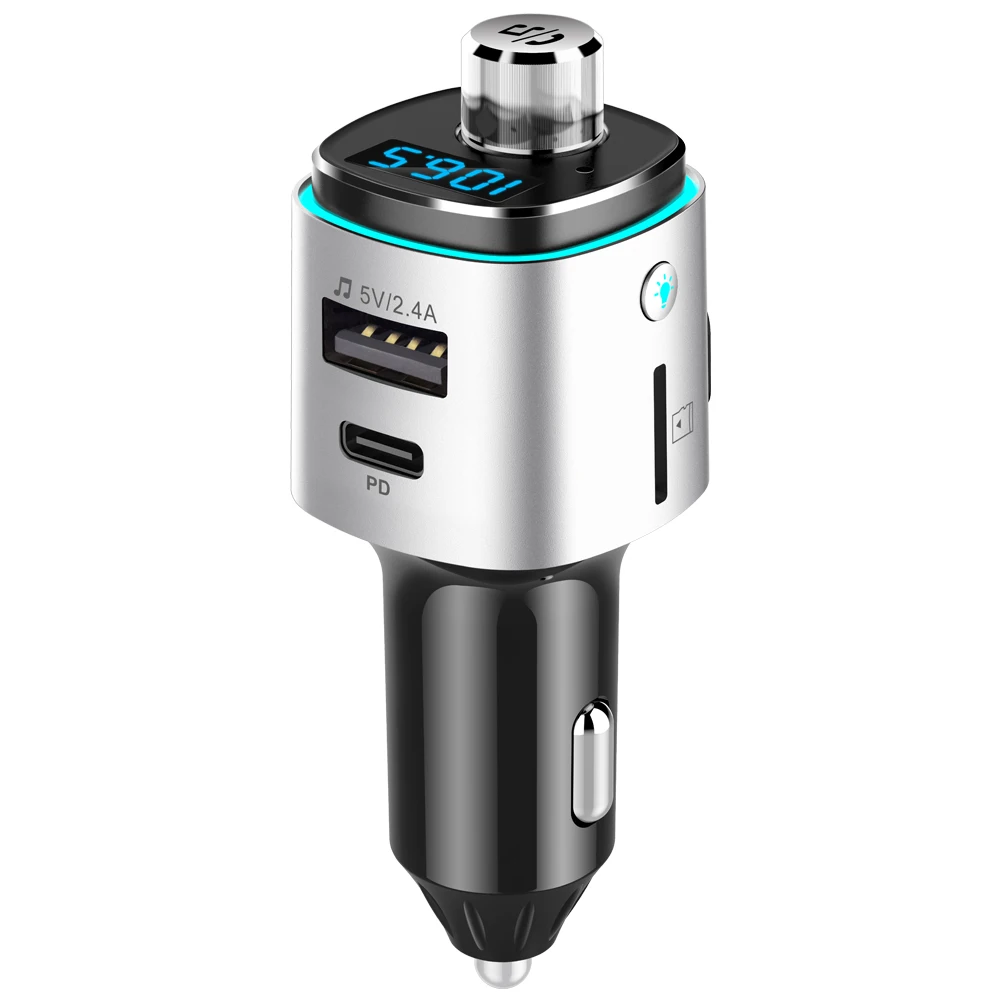 Wireless One Key Blue Atmosphere Light Dual Fast Charge Port Portable Car for Player Audio Transmitter 1 Year Charger