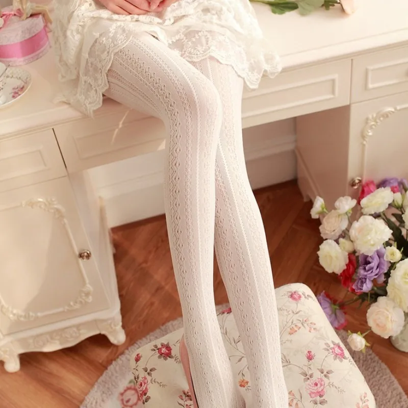 Spring Summer Women Lolita Tights Lace Stockings Girls Hollow Out White Female Pantyhose Stockings Sculpted Tights Pattern