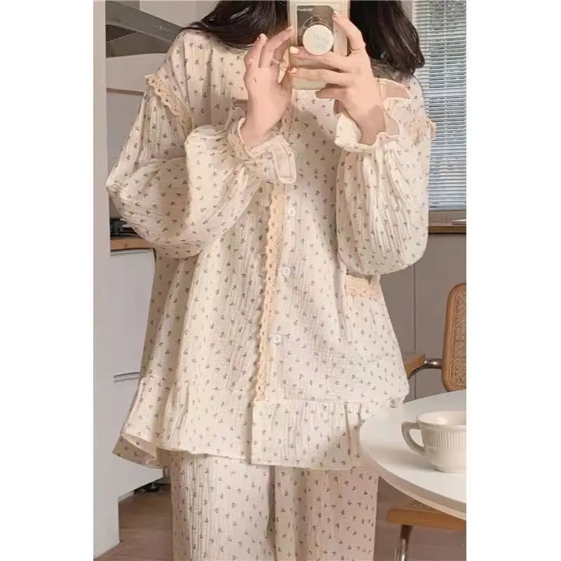 Floral Sleepwear Women Pajama Sets Autumn Korean Pants Sets 2 Pieces Ruffle Piiama Night Wears Long Sleeve Casual Lace Home Suit