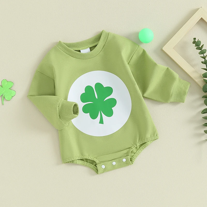 Baby Boy St. Patrick 's Day Outfit Long Sleeve Crew Neck Shamrock Print Sweatshirt Bodysuit Cute Baby Rompers Clothes