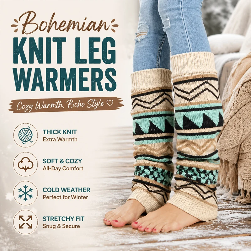 Boho Style Thick Knit Wool Leg Warmers for Women Color Block Mid-Calf Layering Socks Warm Winter Set for Cozy Comfort