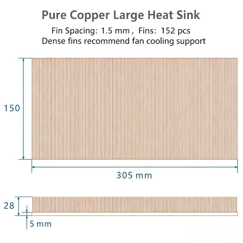 High‑Power Pure Copper Heat Sink, Cooling Fin for TEC Peltier, Laser, IGBT, Power Amplifier, 5G Equipment, LED, with Cooling Fan