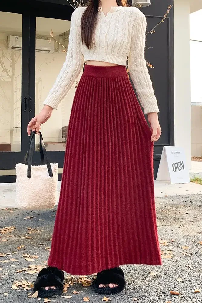 Thick and soft knit pleated skirt with added velvet, elastic waist, high waist, slimming A-line skirt, umbrella skirt