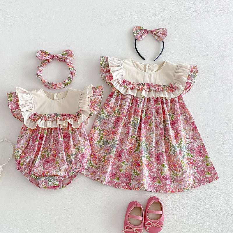 

2026 New Summer 2-7Yrs Baby Girl Birthday Party Dress Flying Sleeve Cotton Printed Kids Princess Dresses Infant Baby Romper