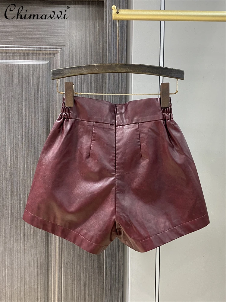 Burgundy PU Leather Shorts Women's Boots Autumn and Winter Fashion High-waisted Slim Hot Girl Temperament A-line Wide-leg Pants