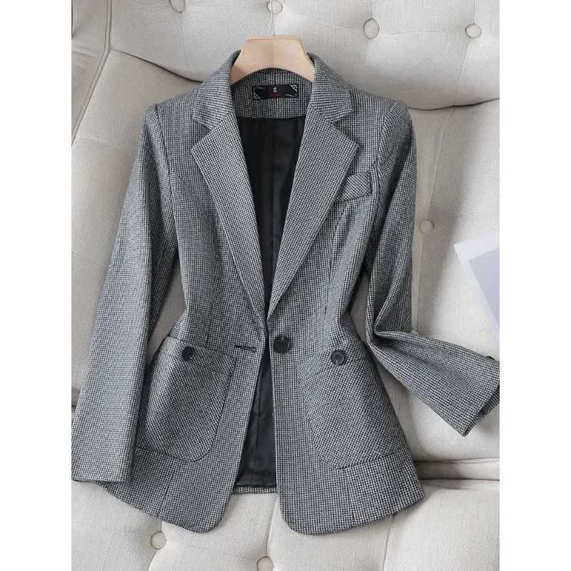 Blazer formel à carreaux gris café pour femmes, veste de travail, manteau avec poche, vêtements d'affaires pour femmes