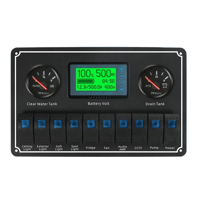 12V 24V 10 Gang Control Switch Panel Blue Lamp Waterproof Rocker for RV Marine