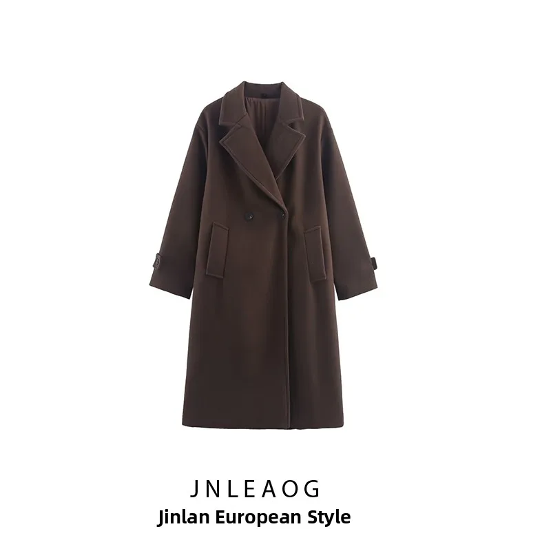

Autumn New Arrival Women's Woolen Wide Cut Long Coat Street Sle Suit Collar Double Breasted Pure Color Polyester Fiber