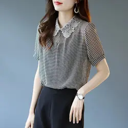 Elegant Lace Lapel Printed Houndstooth Oversized Chiffon Shirt Female Clothing 2023 Summer New Casual Tops Loose Commute Blouse