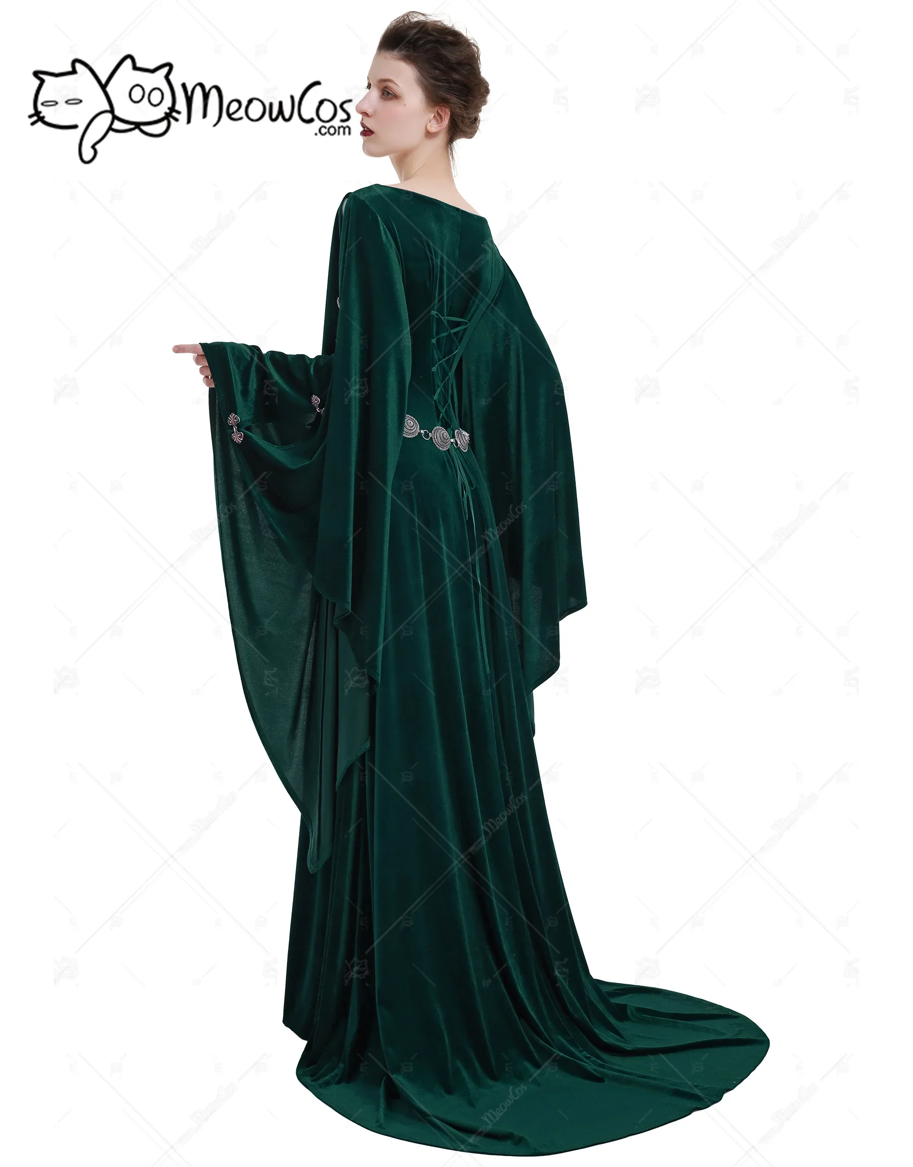 DAIZBELLA Women Medieval Costume Vintage Historical Dress Retro Dark Green Velvet Celtic Gown with Wide Sleeves