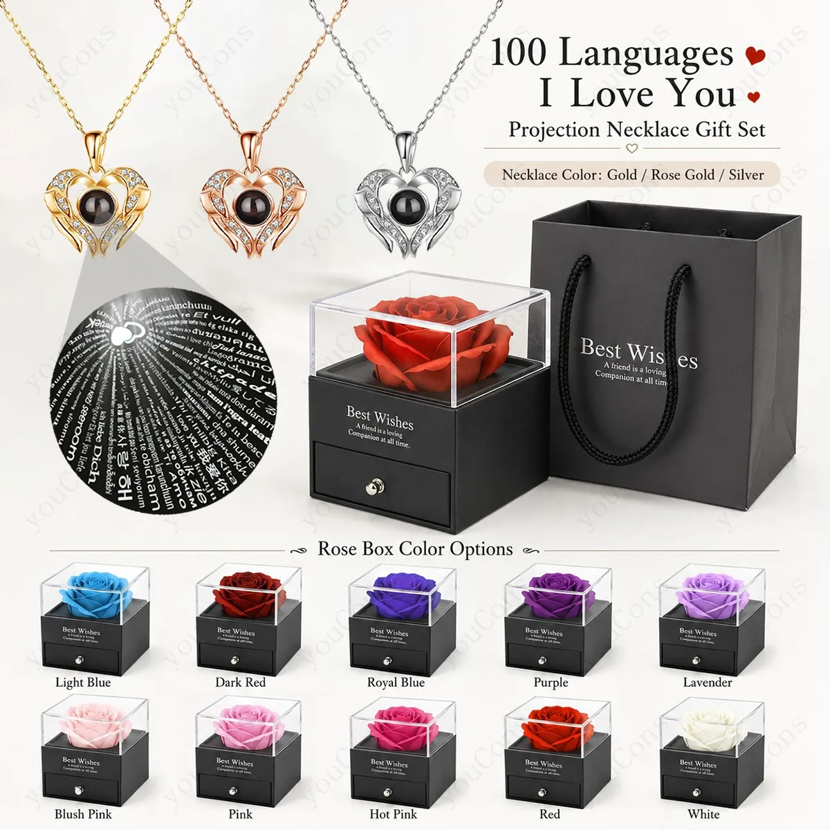 100 Languages I Love You Projection Necklace Heart Pendant With Multi Color Rose Gift Box Valentine's Birthday For Women Jewelry