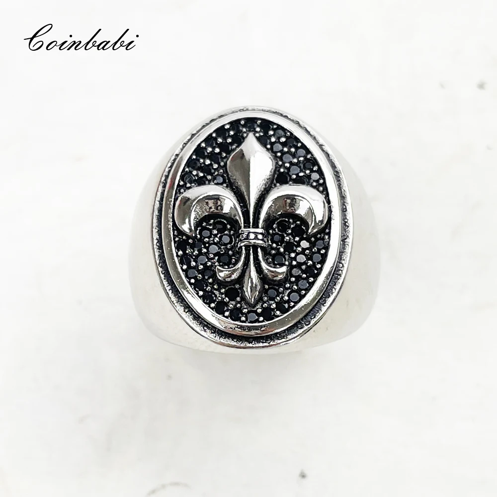 Signet Ring Fleur-de-lis anillos 925 Sterling Silver Europe New Fine Women Men Jewelry Rebellious Rebel Street Unisex Bijoux