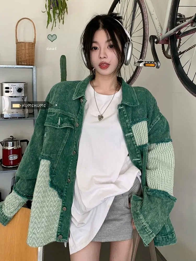 

American Retro Spliced ​​Green Denim Jacket For Women'S Spring And Autumn Design New Niche Loose Jacket Patch Top