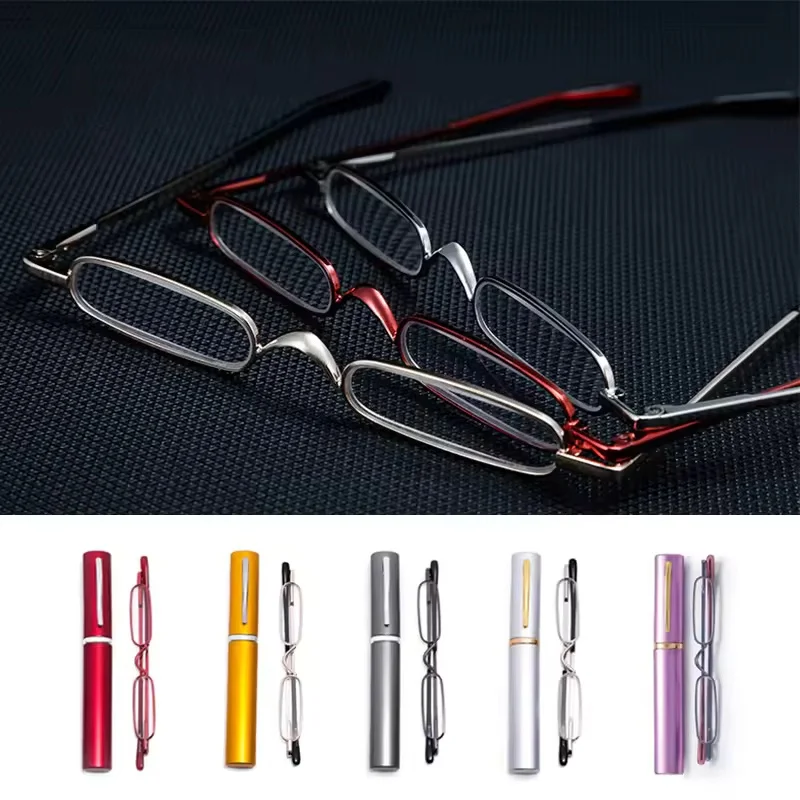 

Portable Mini Small Tube Reader Glasses Slim Pen Reading Glasses Spring Hinged Eyeglasses with Portable Clip Case for Men Women