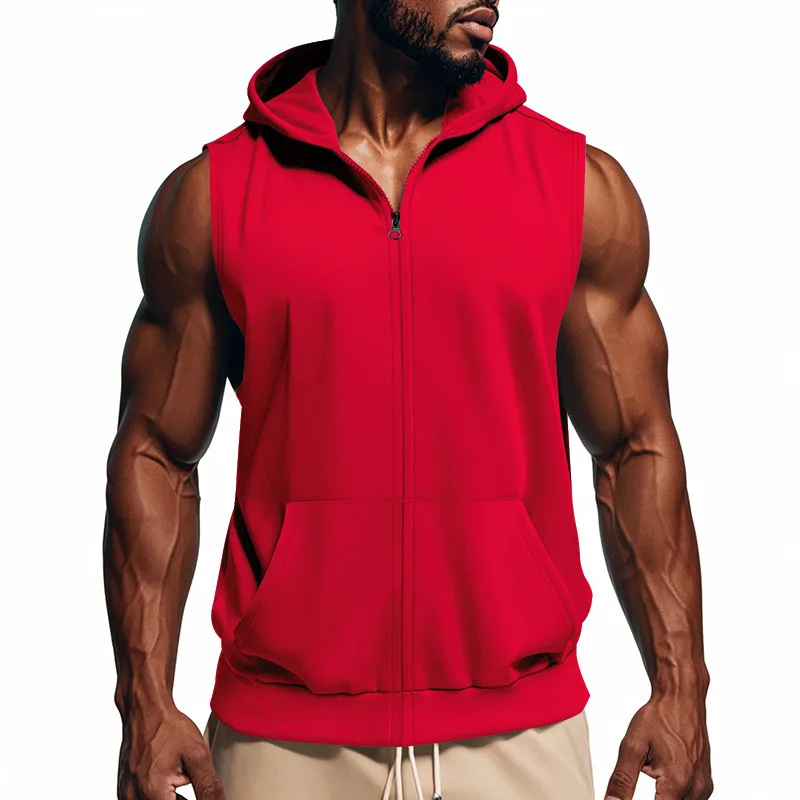 Minimal Solid Sleeveless Zip Hoodie For Men With Pockets, Comfort Breathable Fitness Casual Summer Tops Camisas Masculina