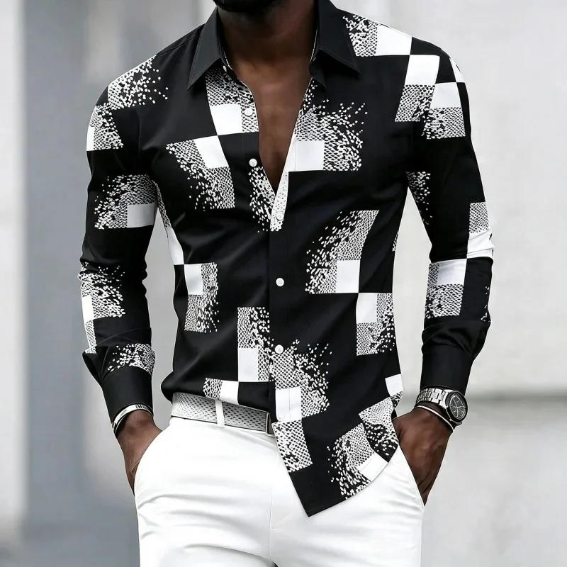 Men's black and white patchwork block fragment printed long sleeved shirt, men's slim fit trend lapel, business casual shirt