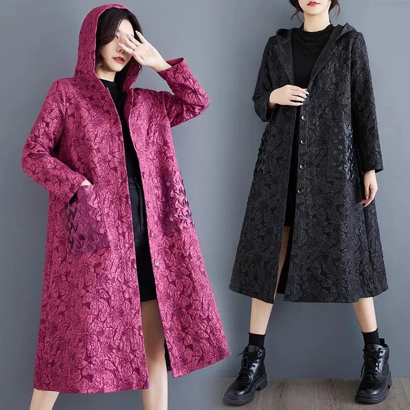 

Прямая длинная жаккардовая куртка, модная универсальная повседневная свободная ветровка большого размера с капюшоном, весенне-осеннее пальто 2025 ZT185