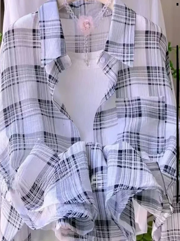 Różowa Kraciasta Kołnierzyk Lekki Oddychający Letni Nowy Damski Płaszcz Chroniący Przed Słońcem Casualowy Design Luźny Krój