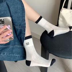 Trendy Spring/Summer Thin Cusual Mid Length Socks for Women Japanese Black and White Contrasting College Cotton Socks