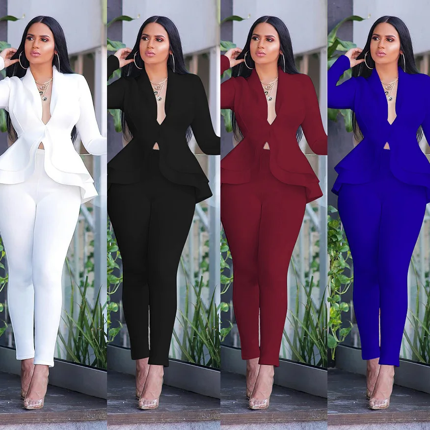 Women Winter Women\'s Set Tracksuit Full Sleeve Ruffles Blazers Pencil Pants Suit Two Piece Set Office Lady Outfits Uniform