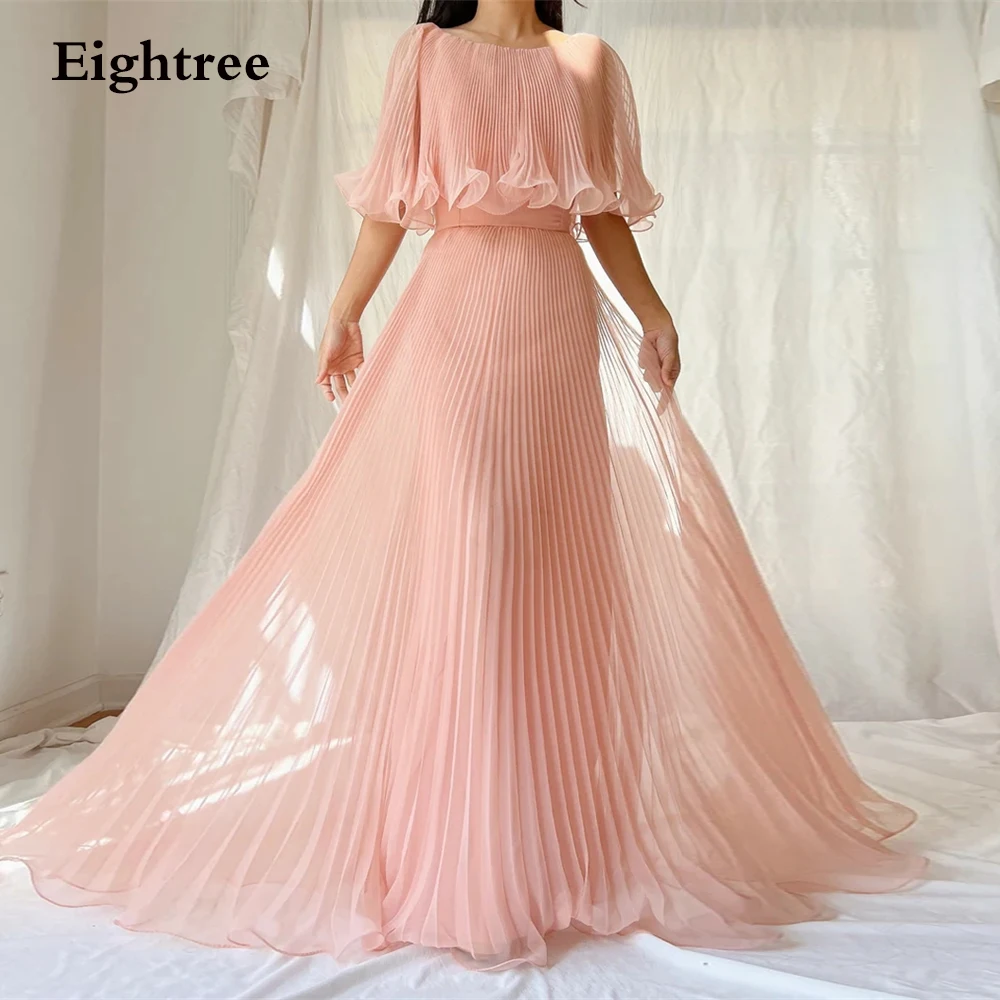 

Eightree Blush Pink Arabic Women Evening Dresses Long Sleeves Pleats Cape Shoulder Mother Ruched Party Prom Gowns Organza Beach