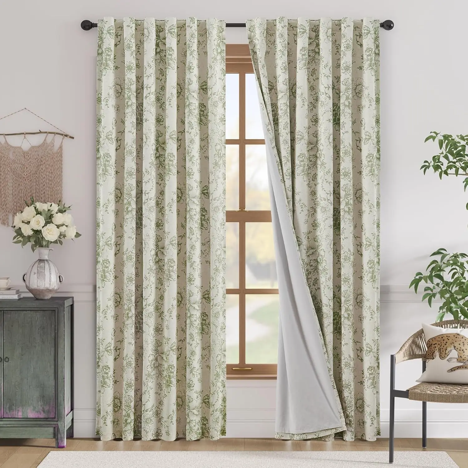 Blackout Floral Curtains for Living Room Bedroom Linen Blend Farmhouse Green Printed Lined Back Tab Rod Pocket Drapes 2 Panels