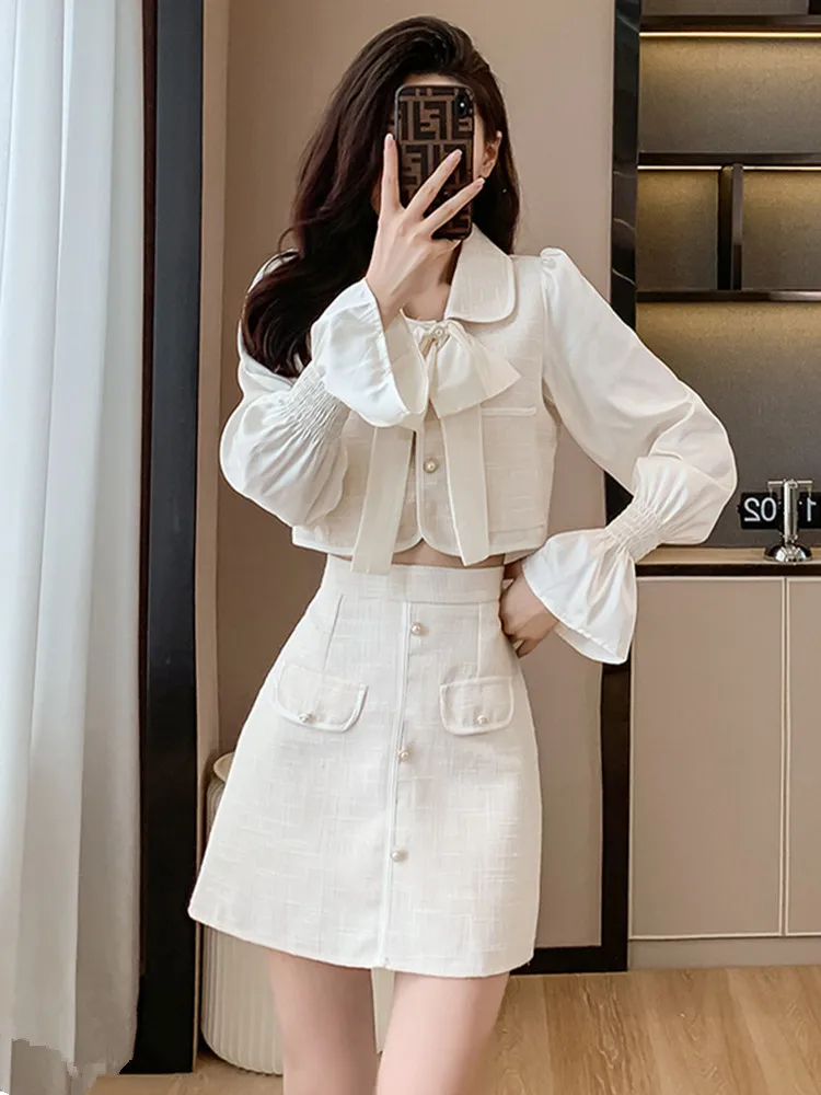 Fall New Two Piece Set Women Outfits Tweed Patchwork Flare sleeve Satin Shirt and Woolen A-line Skirt Suits ensembles de jupes