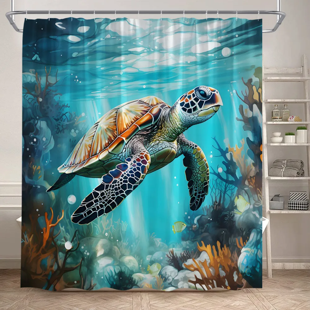 

Забавные занавески для душа с морскими черепахами, океанскими животными и кораллами, подводный пейзаж, полиэстеровая ткань, декор для ванной комнаты с крючками