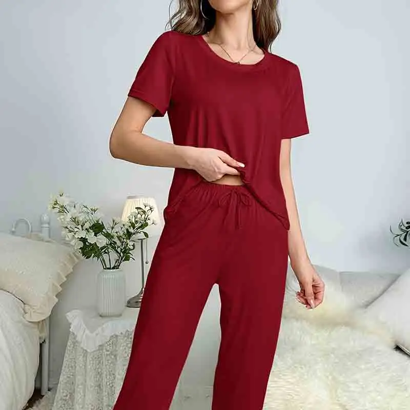 Women's Summer Soft Pant Sets Underwear Fashion Causal Short Sleeve O Neck Top & Trouser Set Solid Color Pants Matching Sets