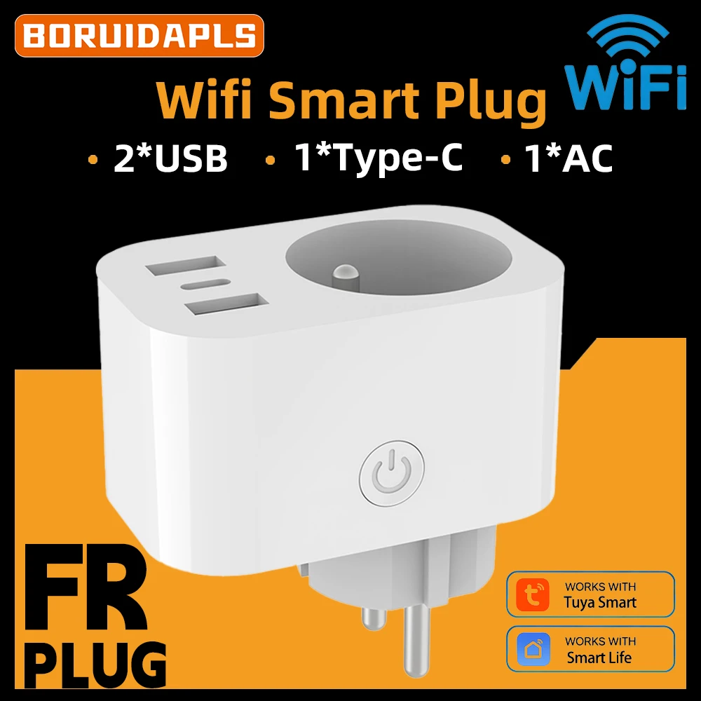 BORUIDAPLS FR WiFi Tuya Smart Plug Timer Voice Control Power Monitor Socket Works With Alexa Google Home Smart Life USB+Type-C