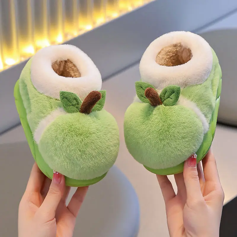 

New funny green apple slippers for child winter closed back home shoes thermal room slipper girl boy toddler fluffy slipper warm