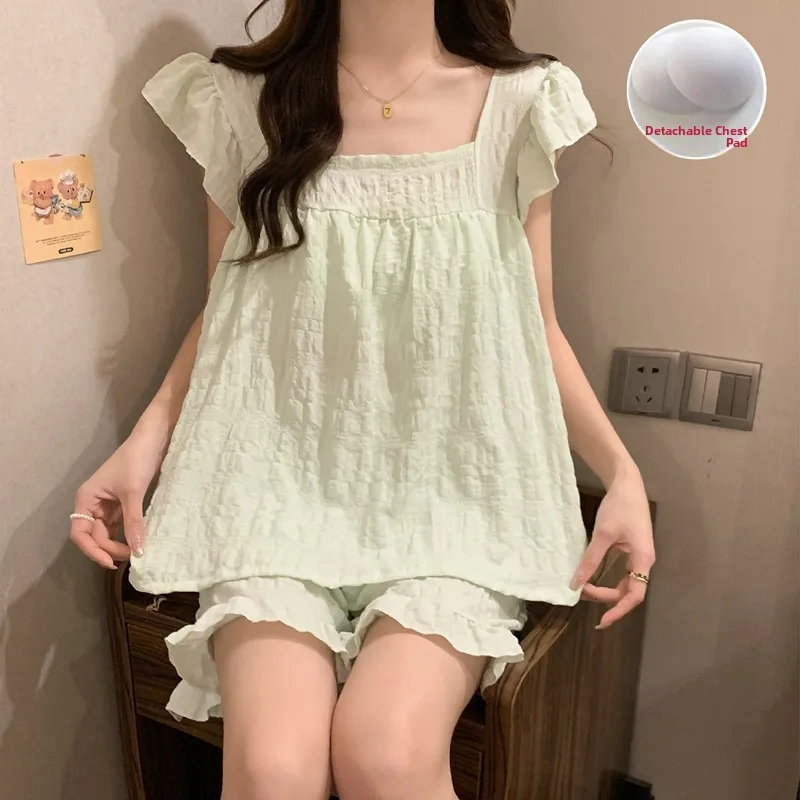 

Summer Cotton Spwear Women's Svel Strap Pure Cotton Home Clothes Set with Chest Pad Sweet Sle Outdoor Wearable