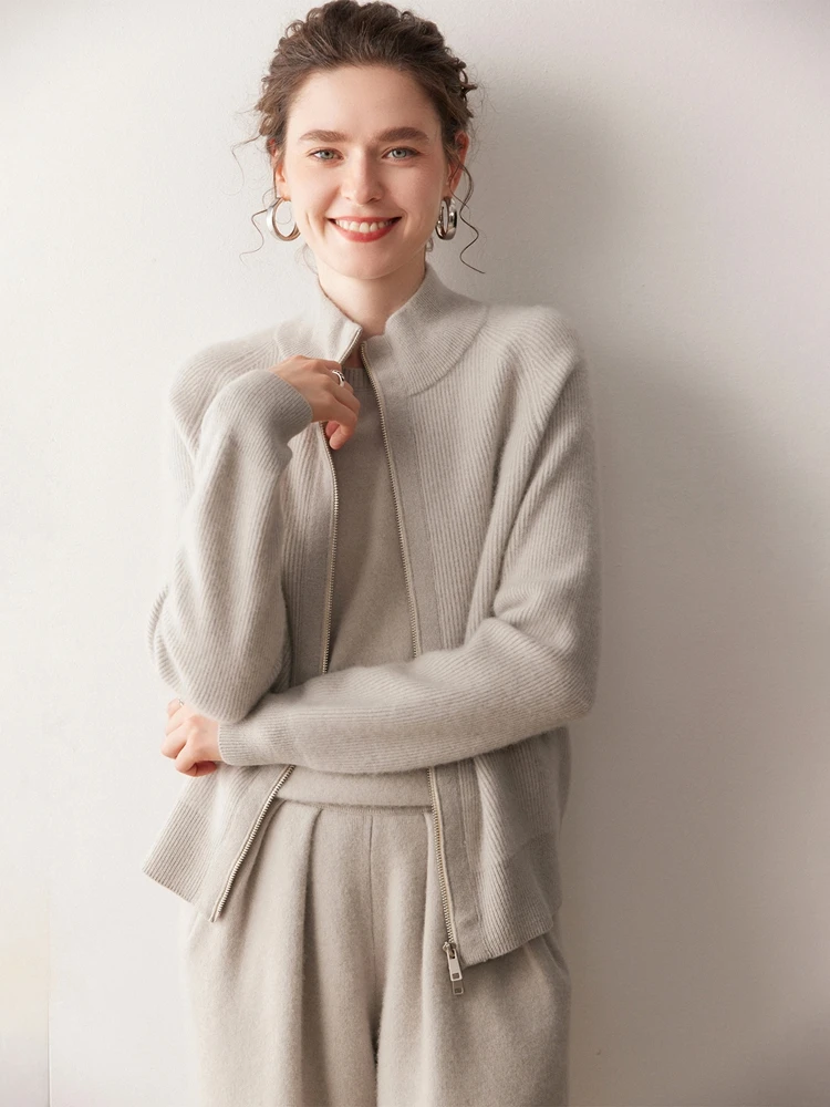 

TLOML Women's 100% Cashmere Sweater Double Zipper Cardigan Autumn Winter Mock Neck Thick Highquality Cashmere Soft Comfy Coat