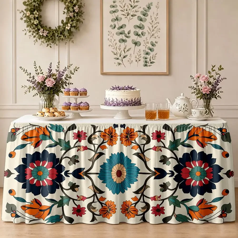 One party table skirt. A floral vine patterned printed ruffled tablecloth suitable for garden tea parties.