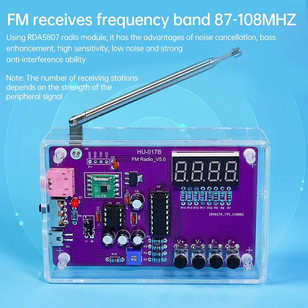 HU-017A/HU-017B RDA5807S Radio Kit FM87-108MHz V4.0/V5.0 Purple Electronic DIY Kit with Case  DC 3-5V Charging