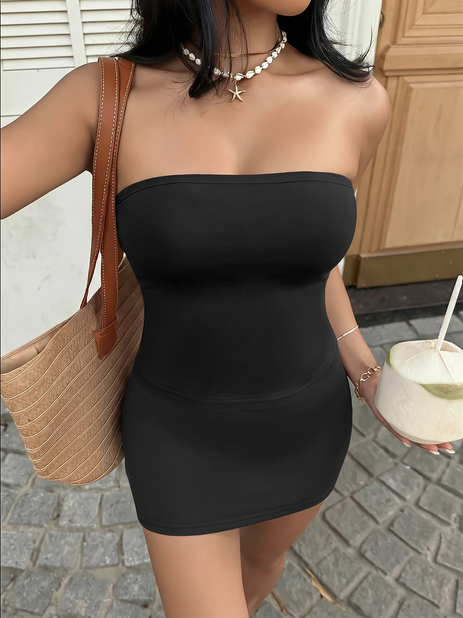 Party Two-Piece Set, Curved Hem Tube Top, Hugging Fit Mini Skirt, Spring Birthday Dinner Outfit