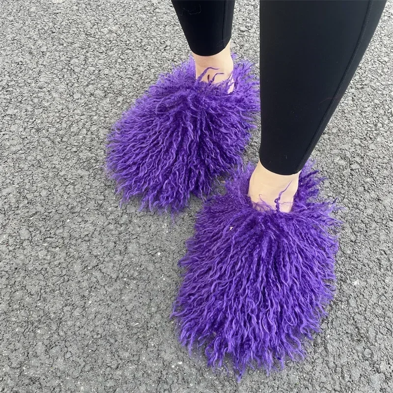 Women Autumn Winter Furry Fur Slippers Fluffy Faux Mongolian Fur Slides Warm Plush Slippers Fuzzy Flip Flops Luxury Woman Shoes