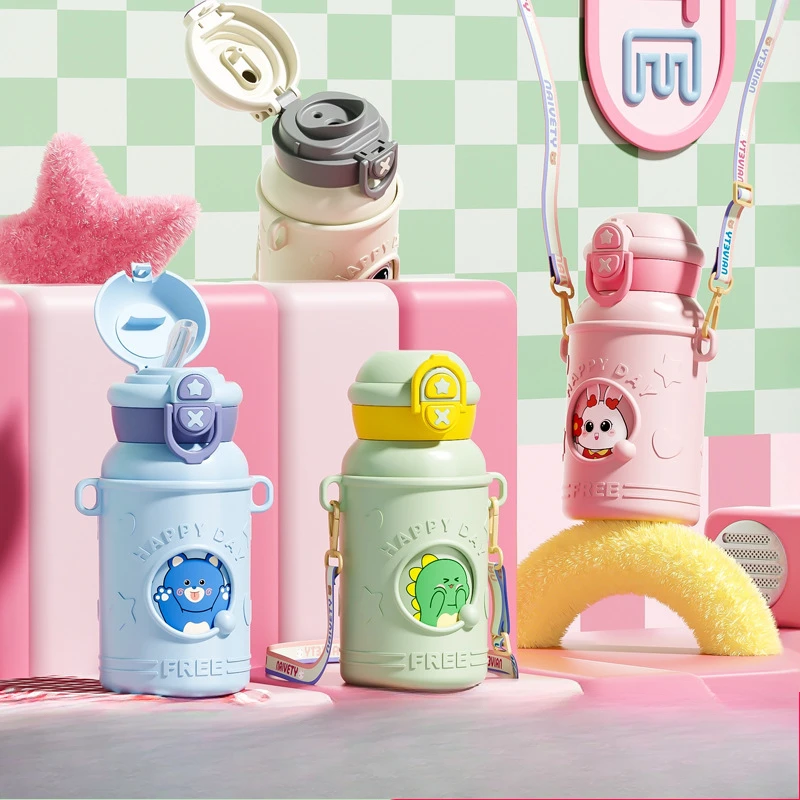 500ml Kids Cartoon Animal 316 Stainless Steel Water Bottle, Pop Up Straw Insulated Thermos with Detachable Carry Strap