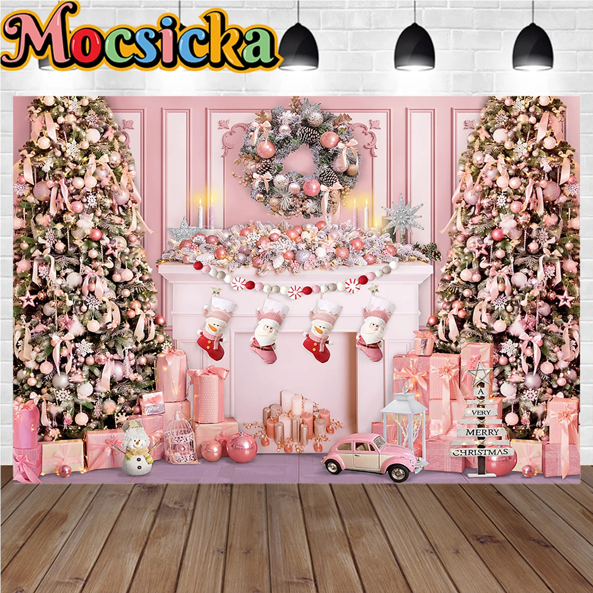 Pink Fantasy Christmas Background Photography Fireplace Xmas Tree Wreath Girl Birthday Gift Decoration Backdrop Studio Photograp