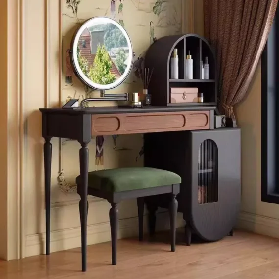 

#French-style Dressing Table Chest Drawers Combined High-quality Solid Wood MDF Panel Lighted Extendable Makeup Table For Bedroo