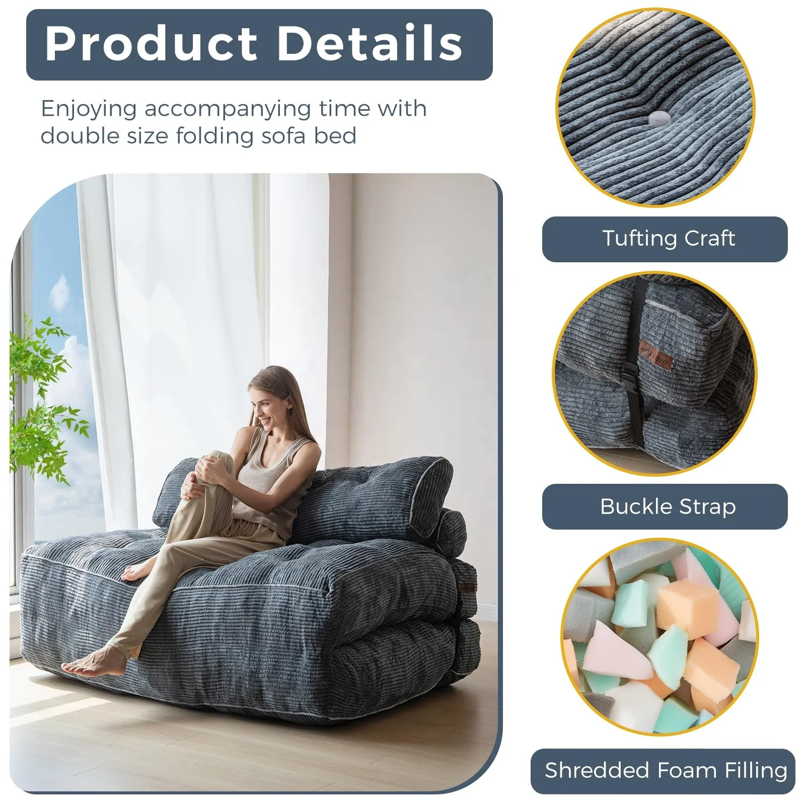 Full-Size Convertible Sofa Bed Comfortable Folding Chair with Pillow Back Support for Living Room Bedroom Double Sleeper Chair