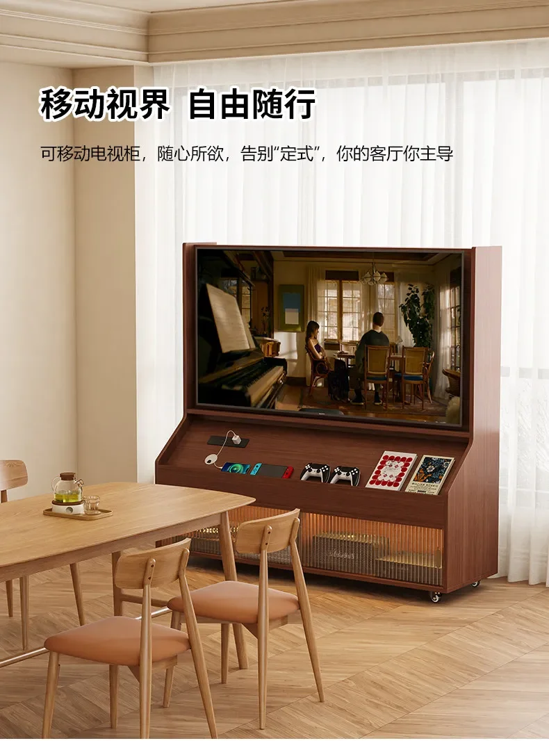 Solid wood removable TV cabinet living room household small apartment floor storage TV bracket