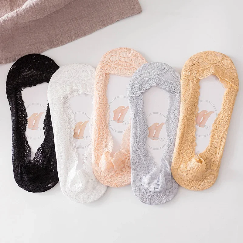 1/5pairs Ballet Lace Flower Sock Slippers Women Summer Silicone Non-slip Ankle Sox Invisible Slipper Lady Hollow Boat Socks Sox