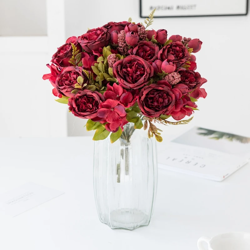 1/3 Stück künstliche Blumen Weihnachtsgirlande Hochzeit Garten Rosen Fotos Bogen Pfingstrose Blumensträuße Home Room Decor Seidenhortensien – Detail 3